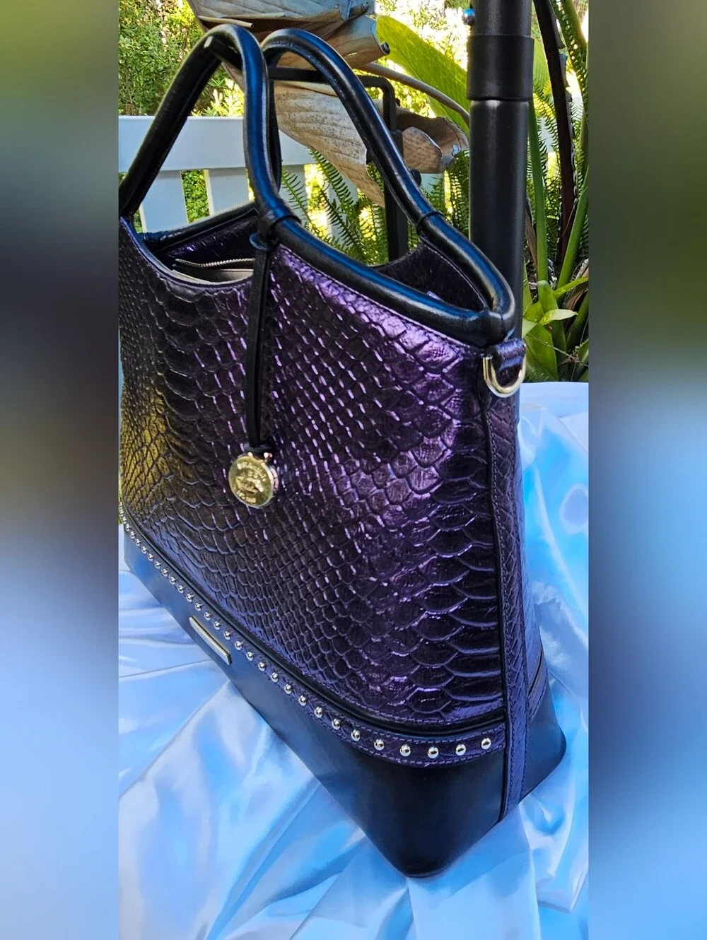 NWT Brahmin Elaine Ultraviolet Altair Snakeprint Embossed Leather Satchel